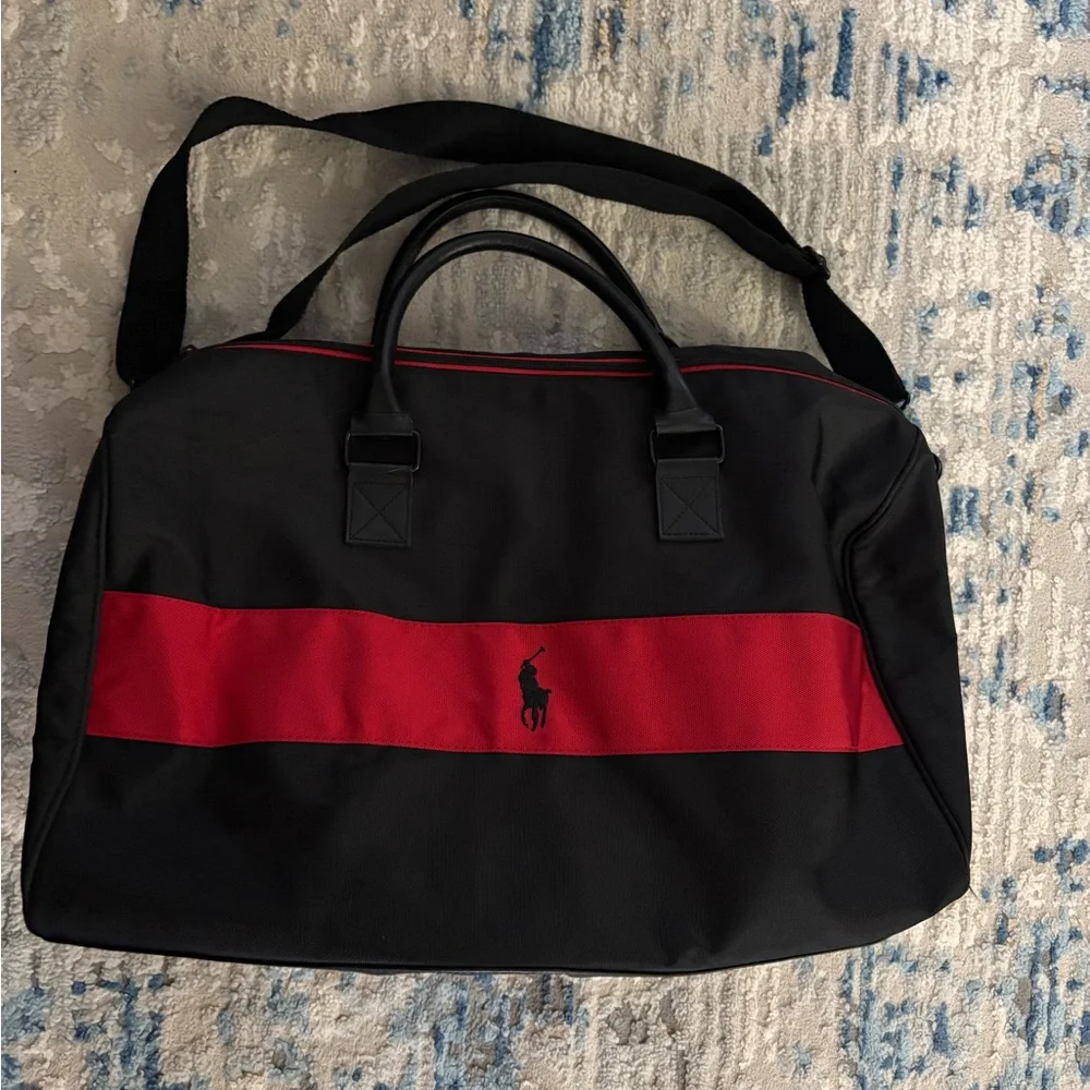 Polo by Ralph Lauren Black Duffel Bag with Red Stripe Gym Travel Weekender